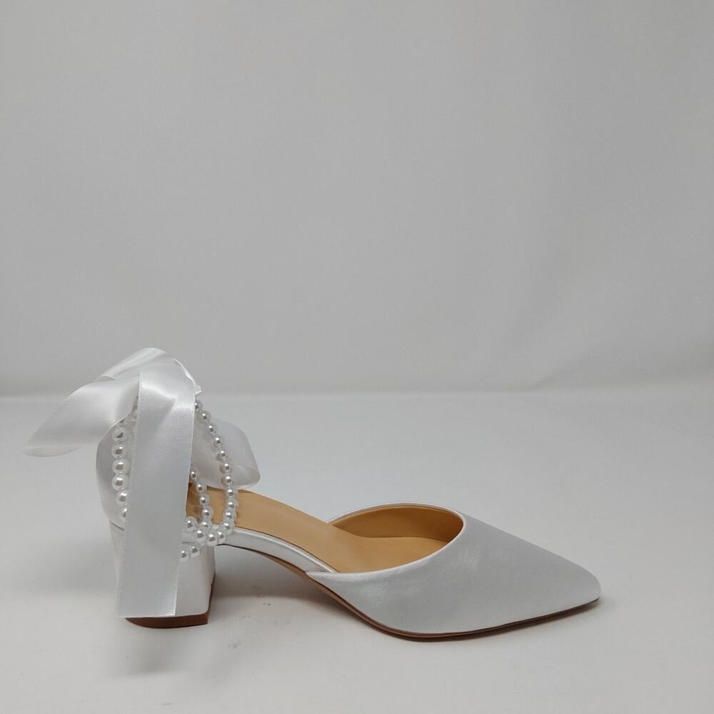 White Satin Bridal Pearl Ankle Strap Block Heel Wedding Pumps Women’s Size 8.5 - Picture 9 of 15
